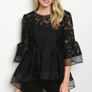 Chic Black Lace Blouse with Flared Sleeves